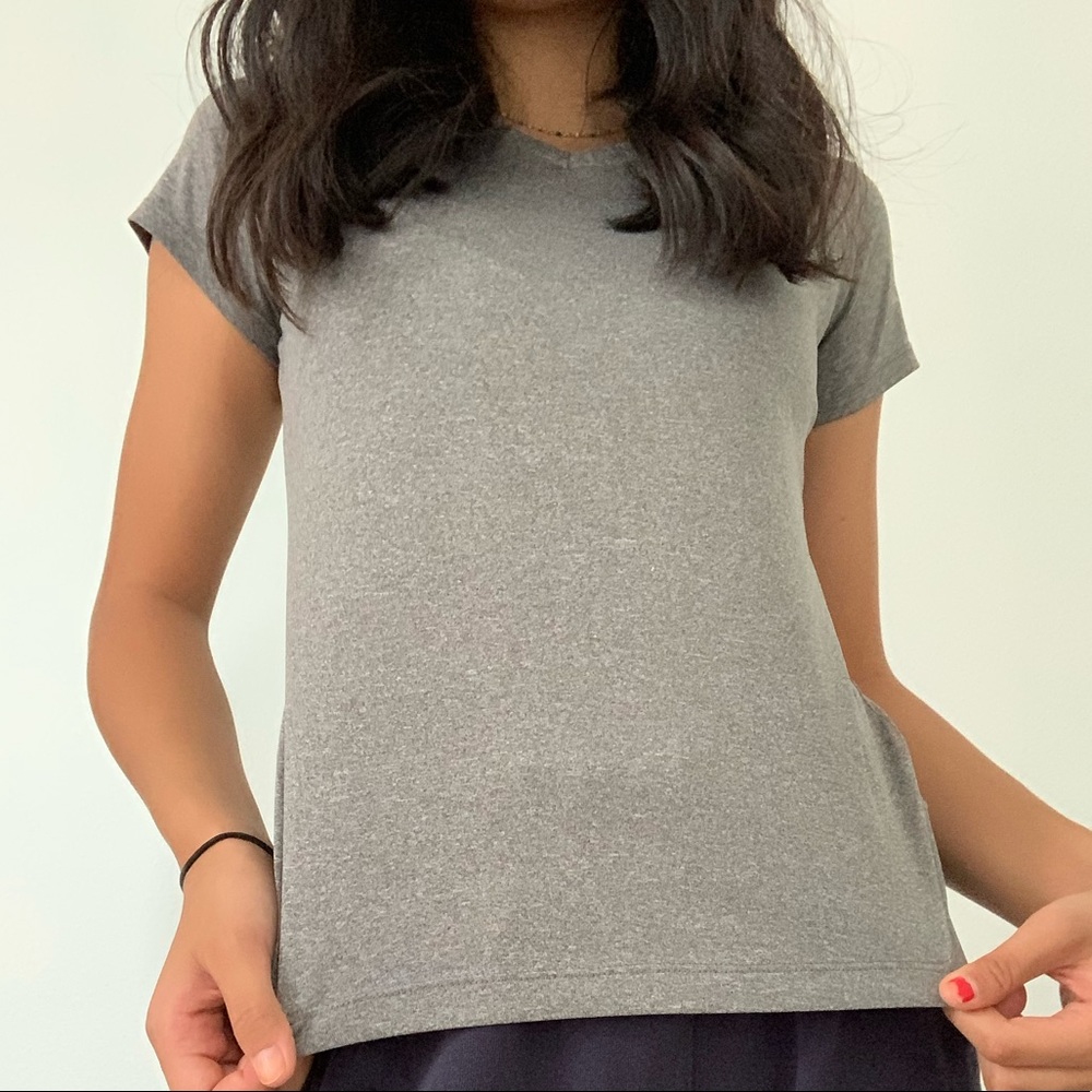 Grey v-neck athletic shirt